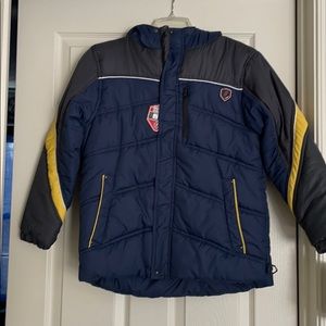 Kids winter jacket blue with grey and yellow